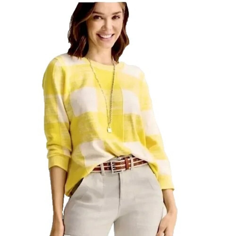 Cabi Womens Checkerboard Sweater Medium Yellow White Pullover Preppy #6236